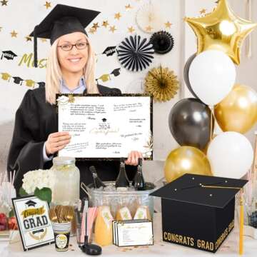 Gloween Graduation Decorations Class of 2024, Graduation Card Box/Holder with 50 Graduation Advice Cards And Guest Signature Book Board, Great for Graduation Party (Black)