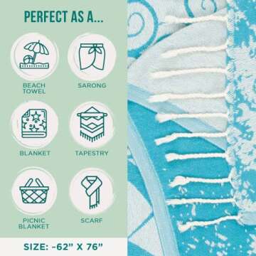 Sand Cloud Extra Large Turkish Beach Towel - Free 100% Organic Cotton Yarn Quick Dry for Beach, Picnic, Blanket or Bath As Seen on Shark Tank Marine Life (Crush Turtle Teal)