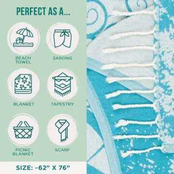 Sand Cloud Extra Large Turkish Beach Towel - Free 100% Organic Cotton Yarn Quick Dry for Beach, Picnic, Blanket or Bath As Seen on Shark Tank Marine Life (Crush Turtle Teal)