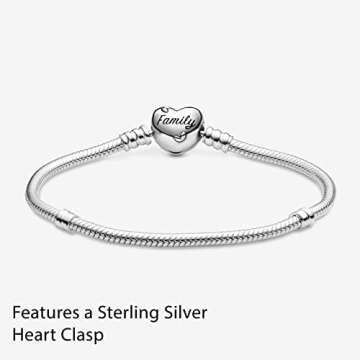 Pandora Moments Family Tree Heart Clasp Snake Chain Bracelet - Compatible Moments Charms - Sterling Silver, Cubic Zirconia & Black Enamel Charm Bracelet for Women - Gift for Her - 6.3"