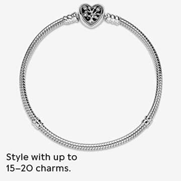 Pandora Moments Family Tree Heart Clasp Snake Chain Bracelet - Compatible Moments Charms - Sterling Silver, Cubic Zirconia & Black Enamel Charm Bracelet for Women - Gift for Her - 6.3"