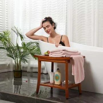 Utoplike Teak Shower Bench Seat with Handles, Portable Wooden Spa Bathing Stool with Storage Towel Shelf, 22" x 13" x 18.6", Perfect for Indoor and Outdoor Use