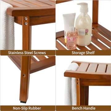 Utoplike Teak Shower Bench Seat with Handles, Portable Wooden Spa Bathing Stool with Storage Towel Shelf, 22" x 13" x 18.6", Perfect for Indoor and Outdoor Use