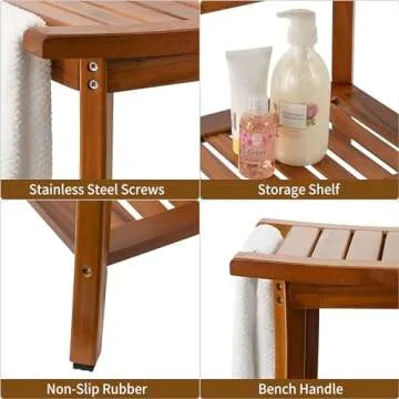Utoplike Teak Shower Bench Seat with Handles, Portable Wooden Spa Bathing Stool with Storage Towel Shelf, 22" x 13" x 18.6", Perfect for Indoor and Outdoor Use