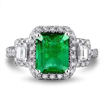 Lanmi Elegant Natural Emerald & Diamond Engagement Ring in 14K White Gold