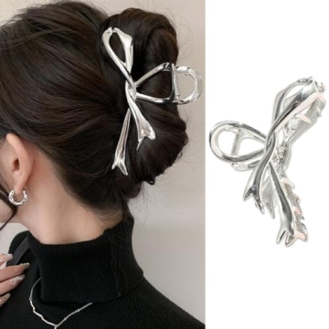 Metal Silver Hair Clips Claw for Women - Thick Hair French Barrettes with Ribbon Bow Design - Non-sl...