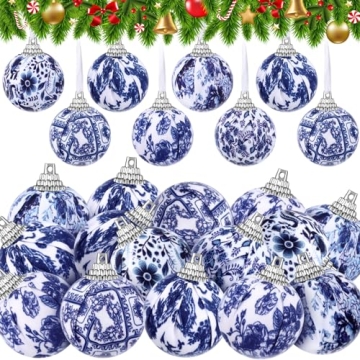 24 Pcs Christmas Blue and White Ornaments Chinoiserie Hanging Ball Fabric Wrapped Ornament for Xmas ...
