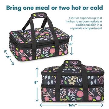 VP Home Insulated Casserole Carrier for Hot or Cold Food - 16x11x8-Inch Double Food Container Travel Bag - Expandable Compartments Lunch Bag - Garden Party Design