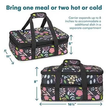 VP Home Insulated Casserole Carrier for Hot or Cold Food - 16x11x8-Inch Double Food Container Travel Bag - Expandable Compartments Lunch Bag - Garden Party Design
