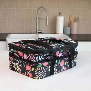 VP Home Insulated Casserole Carrier for Hot or Cold Food - 16x11x8-Inch Double Food Container Travel Bag - Expandable Compartments Lunch Bag - Garden Party Design