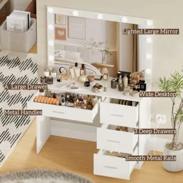 Irontar Makeup Vanity Table, Makeup Table with Large Mirror and 11 LED Lights, Brightness Adjustable, Dressing Table Desk with 4 Drawers, Bedroom Vanity Desk for Women, White
