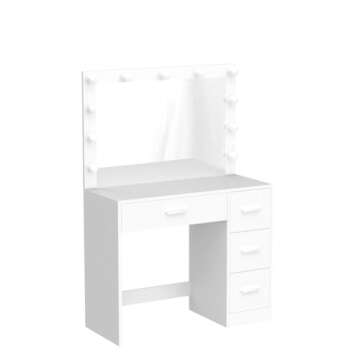 Irontar Makeup Vanity Table, Makeup Table with Large Mirror and 11 LED Lights, Brightness Adjustable, Dressing Table Desk with 4 Drawers, Bedroom Vanity Desk for Women, White