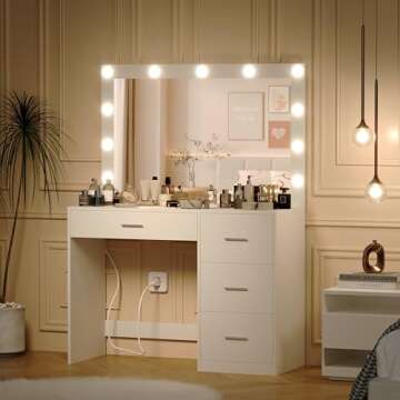 Irontar Makeup Vanity Table, Makeup Table with Large Mirror and 11 LED Lights, Brightness Adjustable, Dressing Table Desk with 4 Drawers, Bedroom Vanity Desk for Women, White