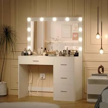 Irontar Makeup Vanity Table, Makeup Table with Large Mirror and 11 LED Lights, Brightness Adjustable, Dressing Table Desk with 4 Drawers, Bedroom Vanity Desk for Women, White