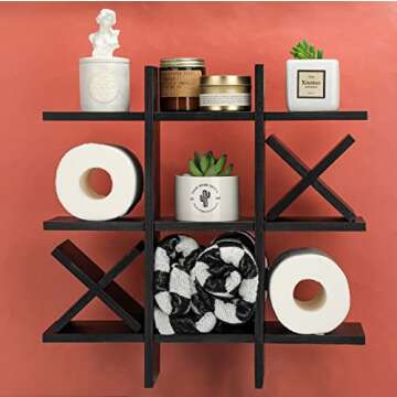 Weysat Tic Tac Toe Toilet Paper Holder Stand Bathroom Wall Decor Rustic Wooden Hanging Storage Freestanding Wall Mounted Shelves Decor for Toilet Tissue Farmhouse