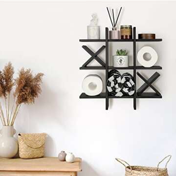 Weysat Tic Tac Toe Toilet Paper Holder Stand Bathroom Wall Decor Rustic Wooden Hanging Storage Freestanding Wall Mounted Shelves Decor for Toilet Tissue Farmhouse