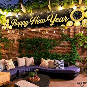 KatchOn, Happy New Year Banner 2025 - Big - 120x20 Inch, Happy New Year Yard Sign | New Years Eve Party Supplies 2025 | New Years Banner for New Years Decorations 2025, Happy New Year Decorations 2025