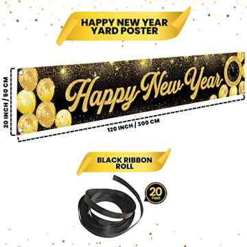 KatchOn, Happy New Year Banner 2025 - Big - 120x20 Inch, Happy New Year Yard Sign | New Years Eve Party Supplies 2025 | New Years Banner for New Years Decorations 2025, Happy New Year Decorations 2025