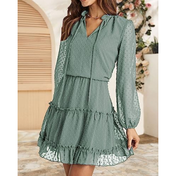 BTFBM Women's Casual Summer Fall Dress - Tie V Neck Style