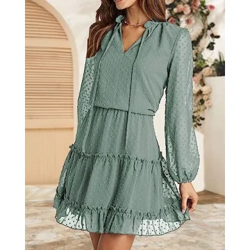 BTFBM Women's Casual Summer Fall Dress - Tie V Neck Style