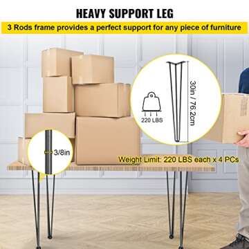VEVOR Hairpin Table Legs 30" Black Set of 4 Desk Legs 880lbs Total Load Capacity Hairpin Desk Legs 3 Rods for Bench Desk Dining End Table Chairs Carbon Steel DIY Heavy Duty Furniture Legs