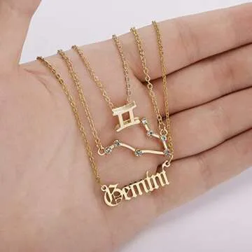 3Pcs Zodiac Necklace Set 12 Constellation Sign Pendant Necklace Astrology Birthday Gift for Women (Gemini(5.21~6.21))