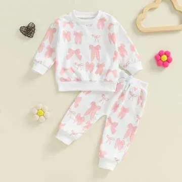 farrubbyine8 Cute Baby Girl Clothes Long Sleeve Bow Print Sweatshirt Top and Matching Pants Set 2 Piece Toddler Girl Fall Outfits (White, 0-6 Months)