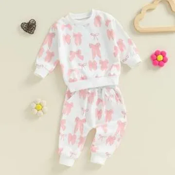 farrubbyine8 Cute Baby Girl Clothes Long Sleeve Bow Print Sweatshirt Top and Matching Pants Set 2 Piece Toddler Girl Fall Outfits (White, 0-6 Months)