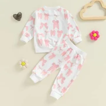 farrubbyine8 Cute Baby Girl Clothes Long Sleeve Bow Print Sweatshirt Top and Matching Pants Set 2 Piece Toddler Girl Fall Outfits (White, 0-6 Months)