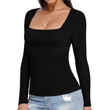 MANGOPOP Fleece Lined Square Neck Long Sleeve T-Shirt for Women - Chic Winter Essentials
