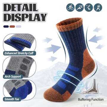 Anlisim Kids Merino Wool Hiking Socks Boys Girls Toddlers Thermal Winter Warm Crew Thick Cushion Gift Socks 6 Pairs(Check, 1-3 Y)