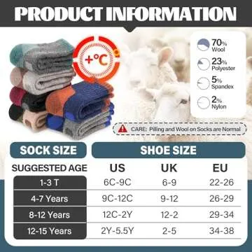 Anlisim Kids Merino Wool Hiking Socks Boys Girls Toddlers Thermal Winter Warm Crew Thick Cushion Gift Socks 6 Pairs(Check, 1-3 Y)