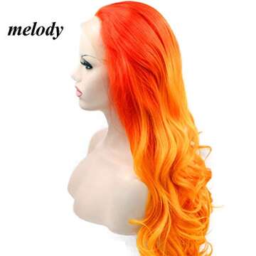 melody wig Orange Ombre Synthetic Lace Front Wigs Red Orange Body Wave Free Part 180% Density Half H...