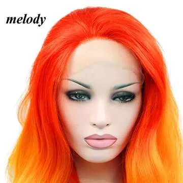 melody wig Orange Ombre Synthetic Lace Front Wigs Red Orange Body Wave Free Part 180% Density Half Hand Tied Heat Resistant Fiber Hair for Women 24"