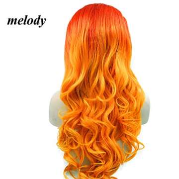 melody wig Orange Ombre Synthetic Lace Front Wigs Red Orange Body Wave Free Part 180% Density Half Hand Tied Heat Resistant Fiber Hair for Women 24"