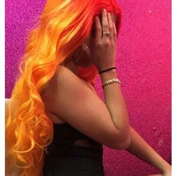 melody wig Orange Ombre Synthetic Lace Front Wigs Red Orange Body Wave Free Part 180% Density Half Hand Tied Heat Resistant Fiber Hair for Women 24"