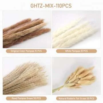 110PCS Dried Pampas Grass Decor 17.5" Fluffy Dried Flower Bouquet Contains Naturally Brown White Pampas Grass Bunny Tails Reed Grass for Boho Room Home Table Wedding Decor