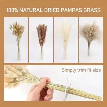 110PCS Dried Pampas Grass Decor 17.5" Fluffy Dried Flower Bouquet Contains Naturally Brown White Pampas Grass Bunny Tails Reed Grass for Boho Room Home Table Wedding Decor