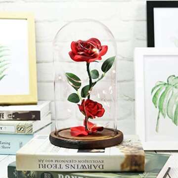 Valentines Day Flowers Roses Gifts for Her,Anniversary Thanksging Birthday Valentines Day Roses Gifts for Her Wife Mom Girlfrien,Beauty and The Beast Rose Red Silk Rose Flower in Glass Dome