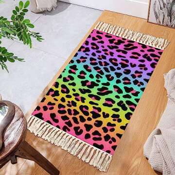 Boho Kid Bedroom Playroom Nursery Area Rugs Rainbow Leopard Skin Seamless Holographic Colorful neon ...