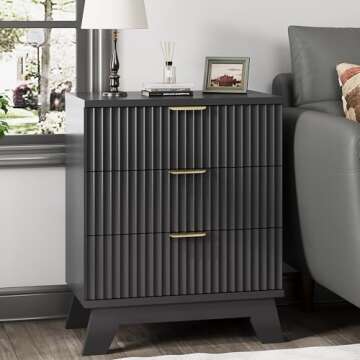 Fluted Nightstand, 24" Wide Side Table with 3 Large Storage Drawers, Mid Century Modern Wood Night Stand with Metal Handle, Wooden Bedside End Table for Bedroom, Living Room, Closet, Black