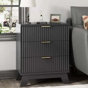 Fluted Nightstand, 24" Wide Side Table with 3 Large Storage Drawers, Mid Century Modern Wood Night Stand with Metal Handle, Wooden Bedside End Table for Bedroom, Living Room, Closet, Black