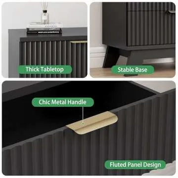 Fluted Nightstand, 24" Wide Side Table with 3 Large Storage Drawers, Mid Century Modern Wood Night Stand with Metal Handle, Wooden Bedside End Table for Bedroom, Living Room, Closet, Black