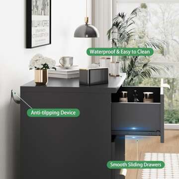 Fluted Nightstand, 24" Wide Side Table with 3 Large Storage Drawers, Mid Century Modern Wood Night Stand with Metal Handle, Wooden Bedside End Table for Bedroom, Living Room, Closet, Black