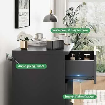 Fluted Nightstand, 24" Wide Side Table with 3 Large Storage Drawers, Mid Century Modern Wood Night Stand with Metal Handle, Wooden Bedside End Table for Bedroom, Living Room, Closet, Black