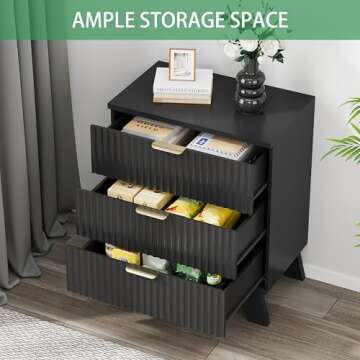 Fluted Nightstand, 24" Wide Side Table with 3 Large Storage Drawers, Mid Century Modern Wood Night Stand with Metal Handle, Wooden Bedside End Table for Bedroom, Living Room, Closet, Black