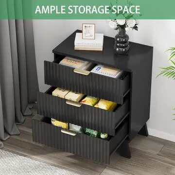 Fluted Nightstand, 24" Wide Side Table with 3 Large Storage Drawers, Mid Century Modern Wood Night Stand with Metal Handle, Wooden Bedside End Table for Bedroom, Living Room, Closet, Black