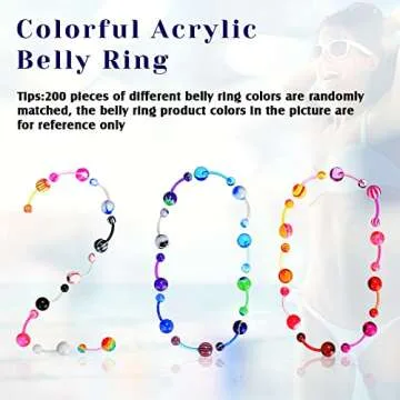 Junkin 200 Pieces Belly Button Rings Piercing Multipack Belly Ring Button Banana Barbells Colorful Body Navel Barbell Acrylic Balls Steel Belly Body Piercing Jewelry