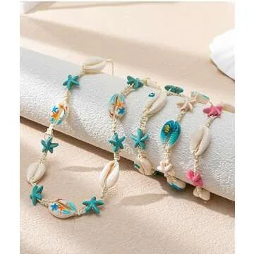 COLORFUL BLING Natural Shell Necklace Bracelet Anklet Set Handmade Seashell Turtle Starfish Adjustable Pearl Choker Necklace for Women Summer Boho Hawaii Beach Holiday Jewelry -Style 2