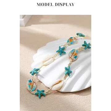 COLORFUL BLING Natural Shell Necklace Bracelet Anklet Set Handmade Seashell Turtle Starfish Adjustable Pearl Choker Necklace for Women Summer Boho Hawaii Beach Holiday Jewelry -Style 2